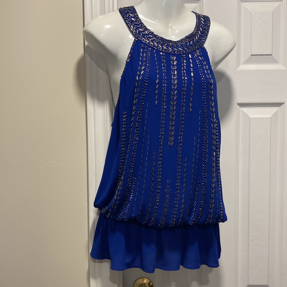 NWOT - Caché Blue Beaded Peplum Cleopatra Collar Sleeveless Blouse - Sz L*